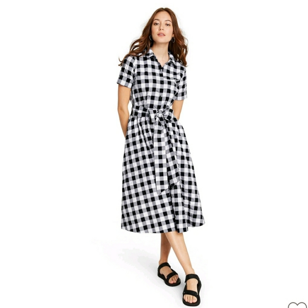 Gingham button front shirt dress